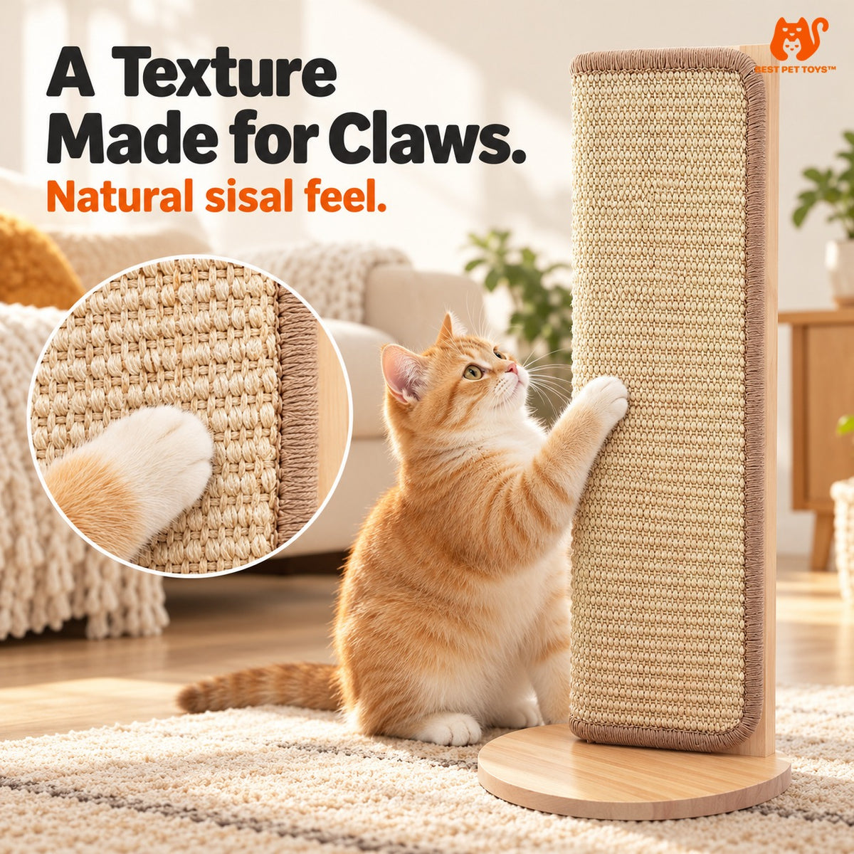 Close-up of natural sisal weaving and cat paw