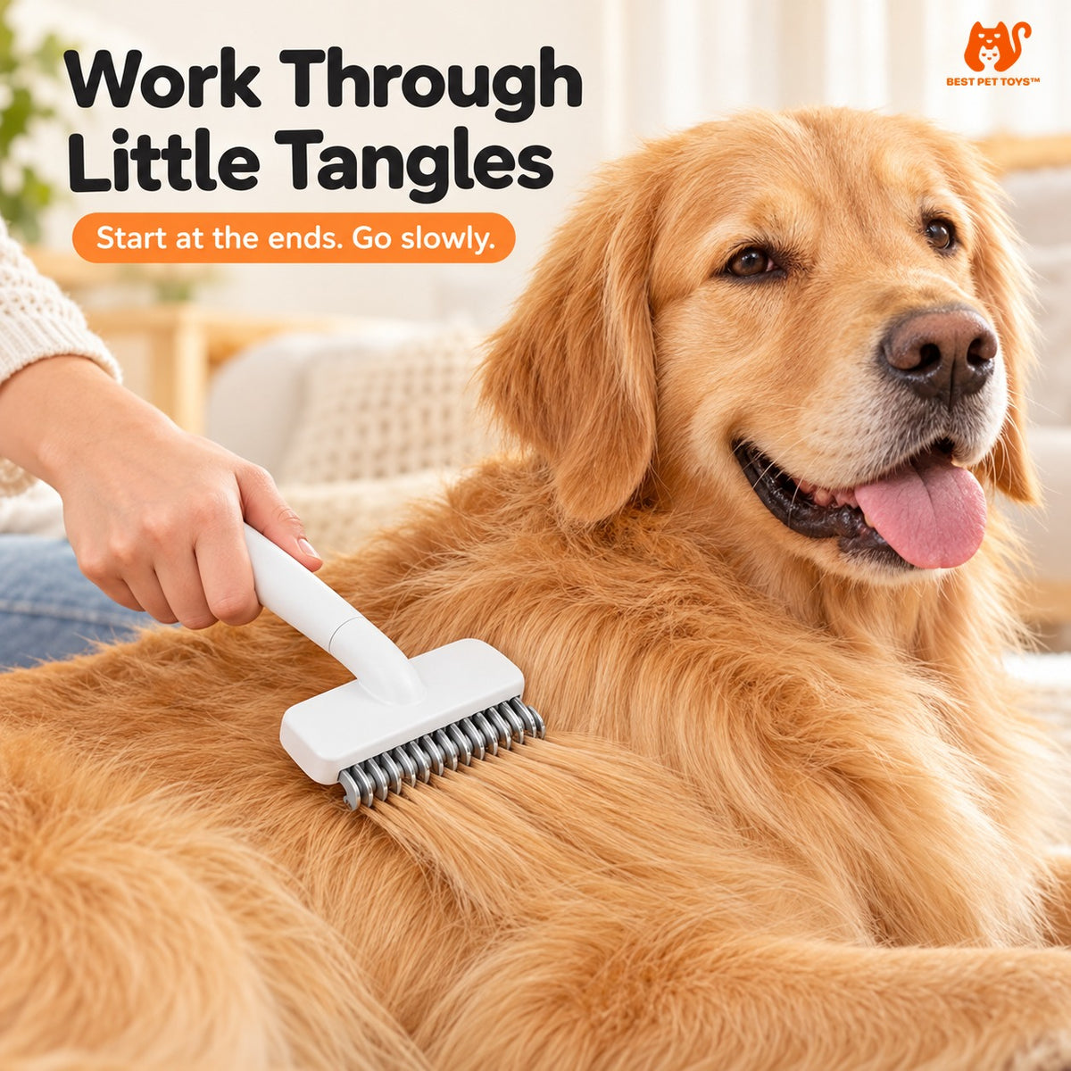 Fur knot comb on a golden retriever