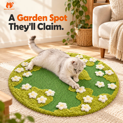 Cat scratching round floral sisal garden rug