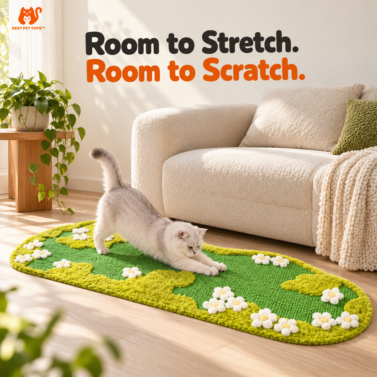 Cat stretching on long rectangle floral sisal rug