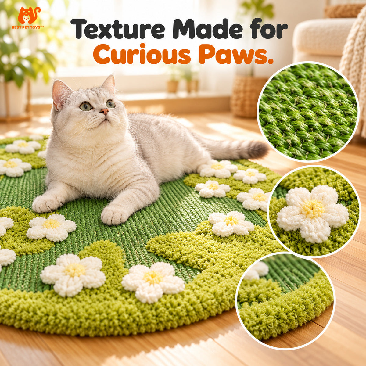 Sisal weave and raised white flower details of round cat rug