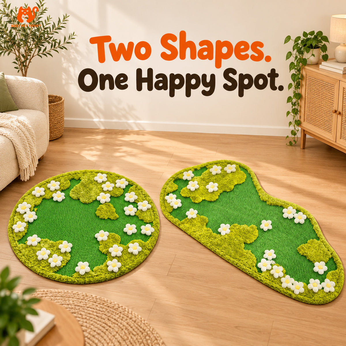 Round and rectangle green floral sisal rugs side by side