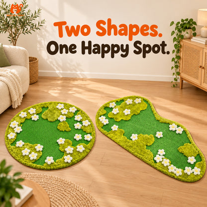 Round and rectangle green floral sisal rugs side by side
