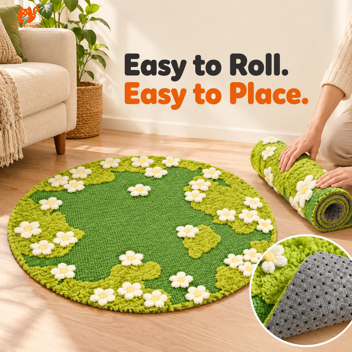 Rolling floral sisal cat rug and dotted backing detail