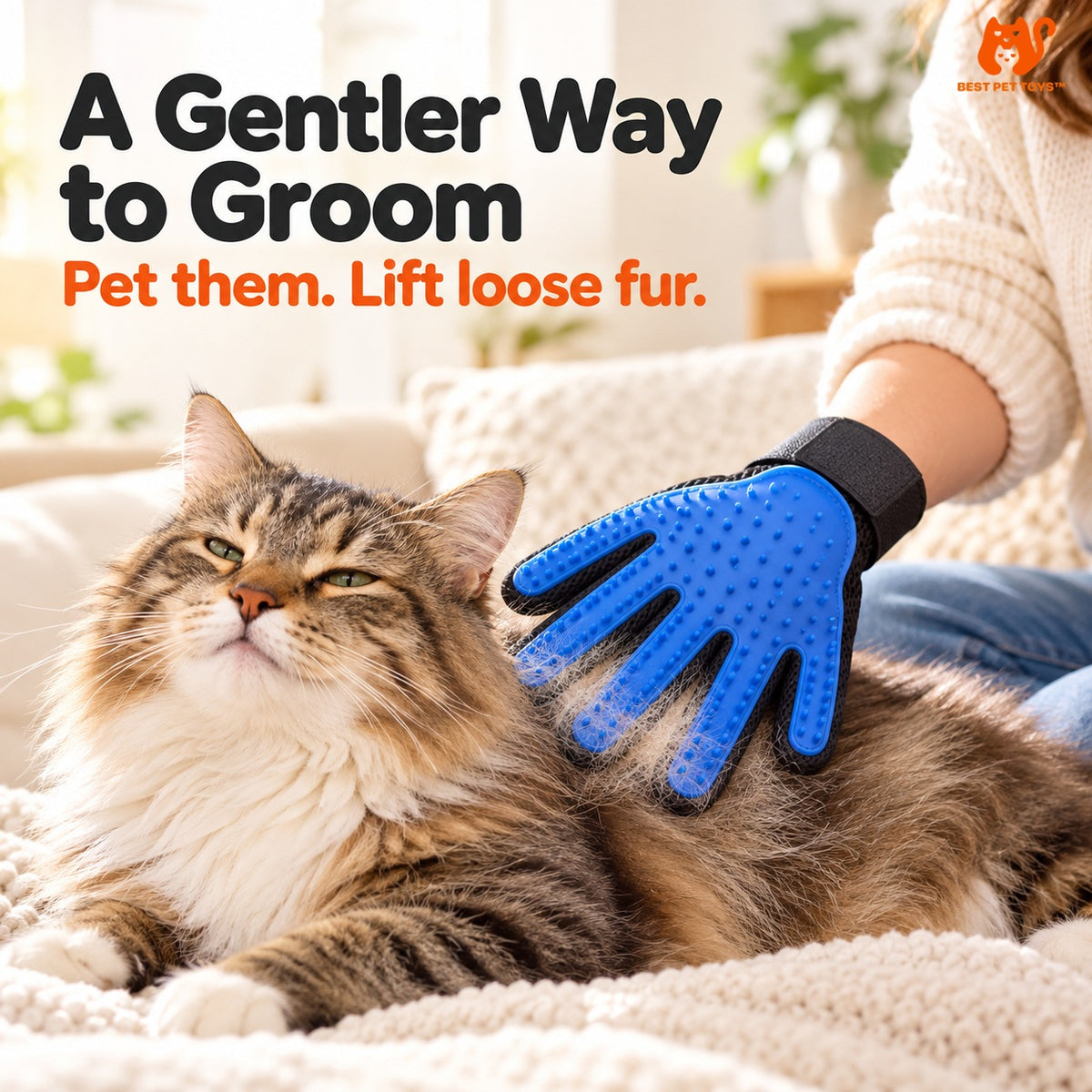 Blue silicone grooming glove brushing tabby cat