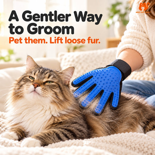 Blue silicone grooming glove brushing tabby cat