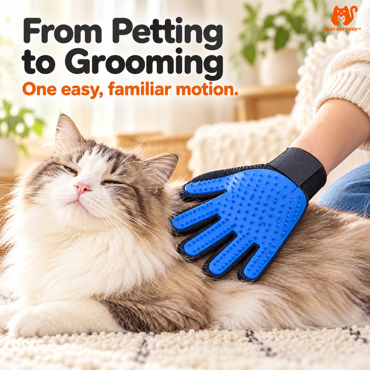 Five-finger grooming glove used on cat back
