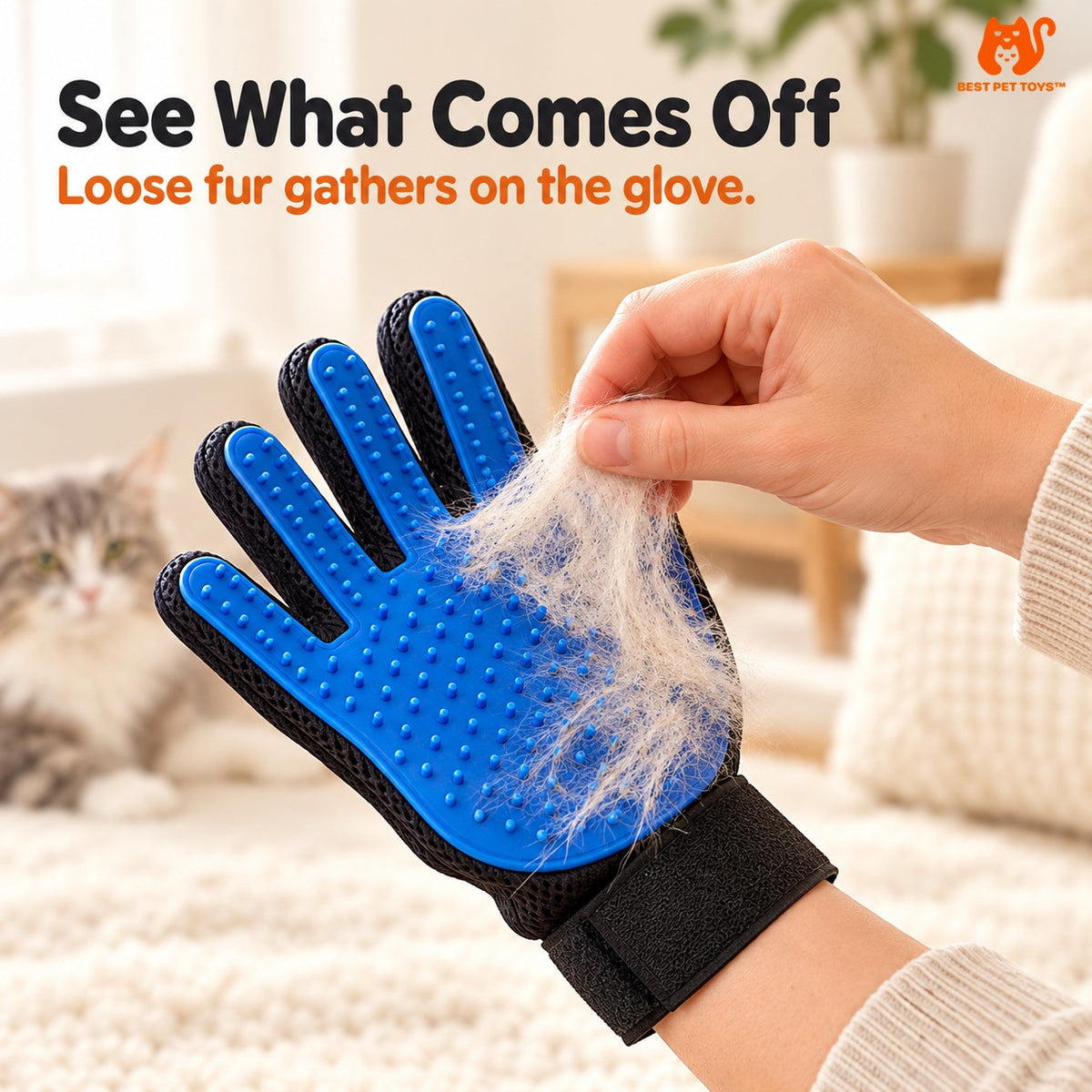 Loose fur lifted from blue silicone grooming glove
