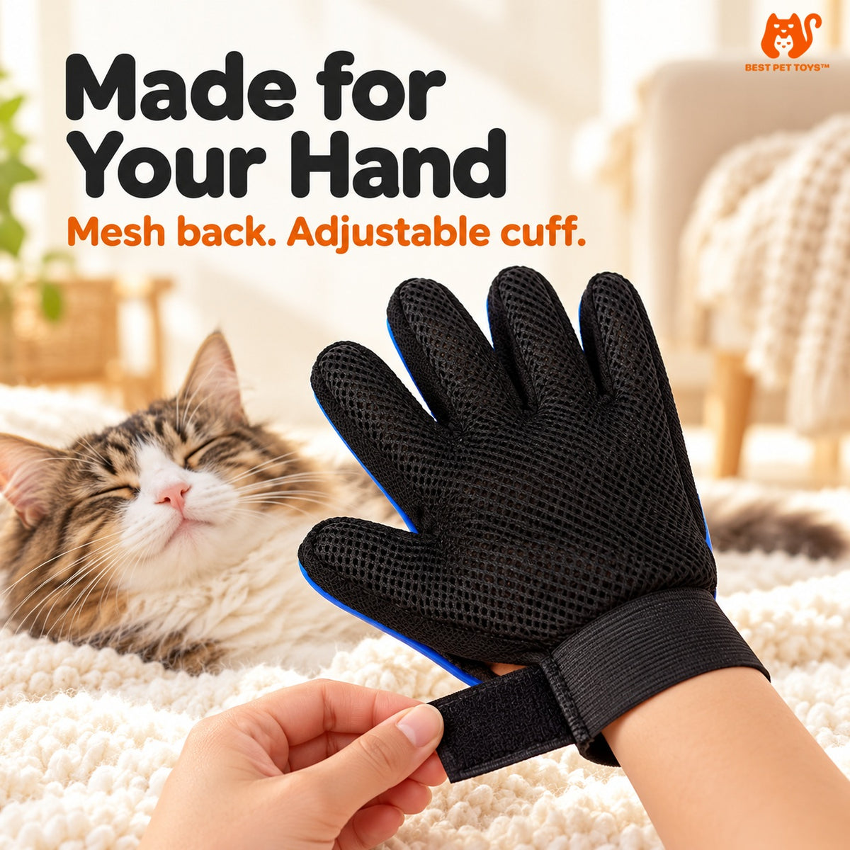 Black mesh backing and adjustable cuff of grooming glove