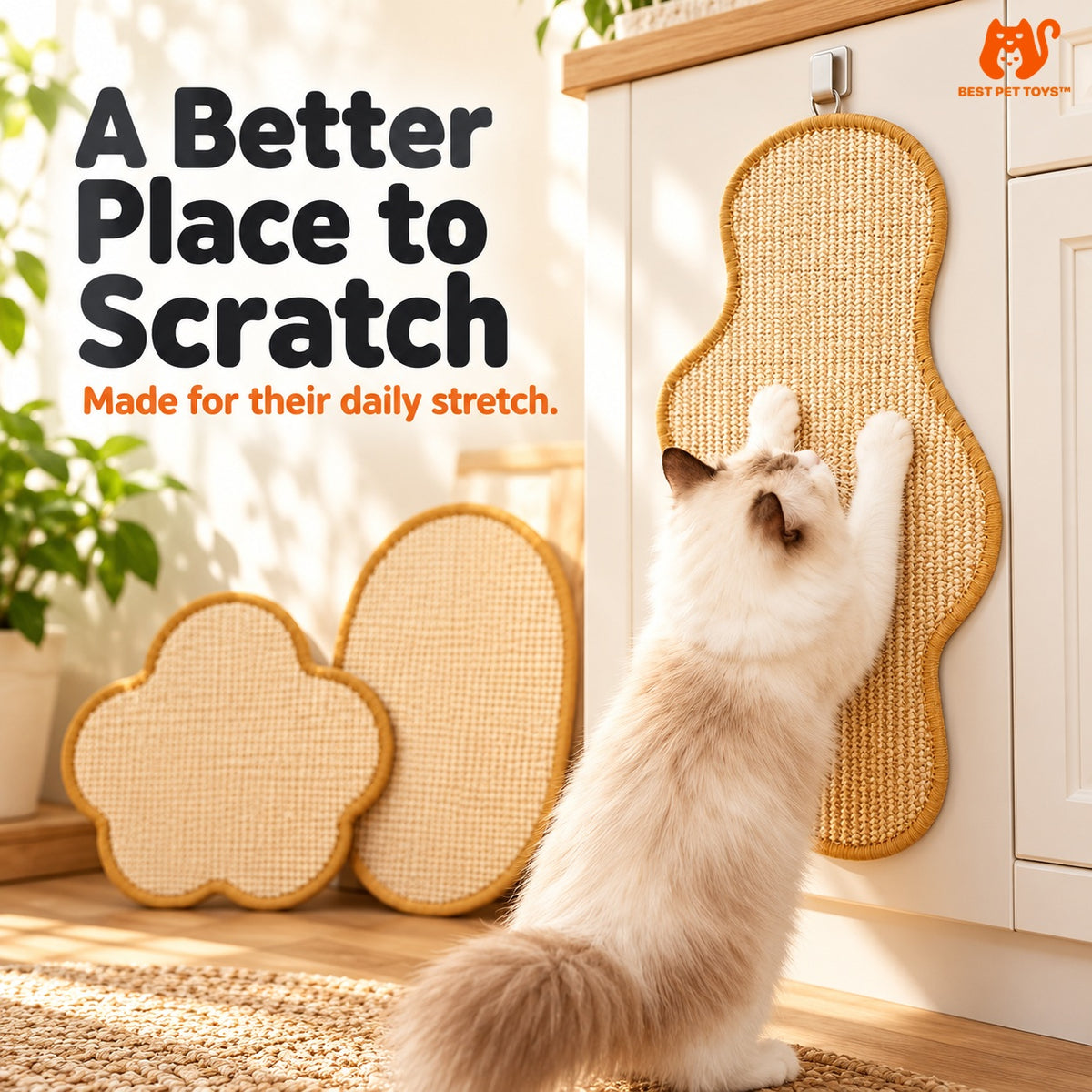 Hanging sisal cat scratch mat with cat