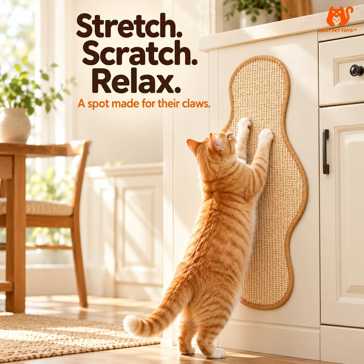 Cat stretching on cactus scratch mat