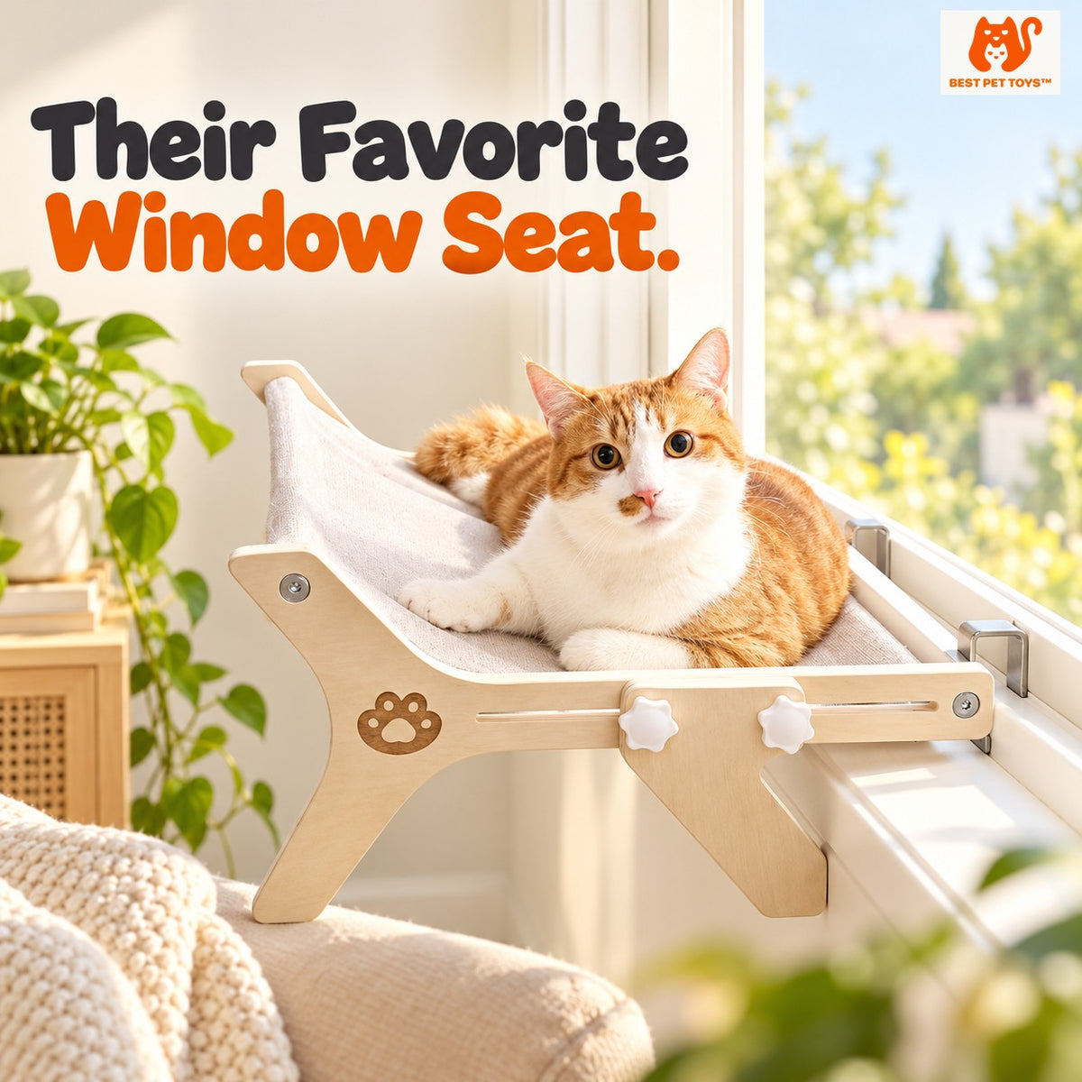 Orange cat resting on adjustable wooden window perch