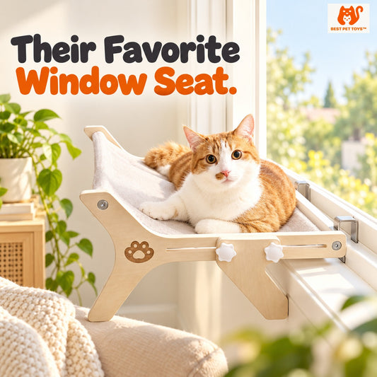 Orange cat resting on adjustable wooden window perch
