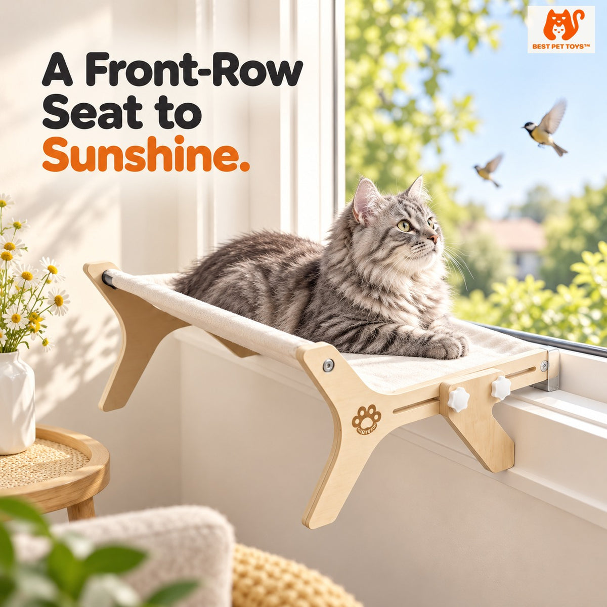 Gray cat watching outdoors from wooden window hammock