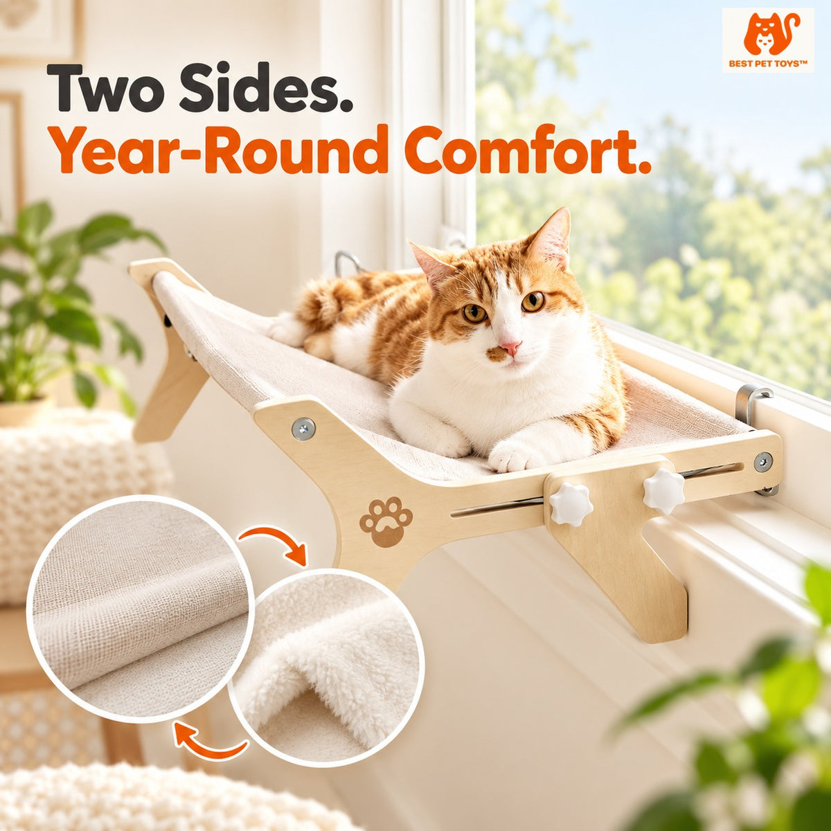Reversible fabric surface of wooden cat window perch