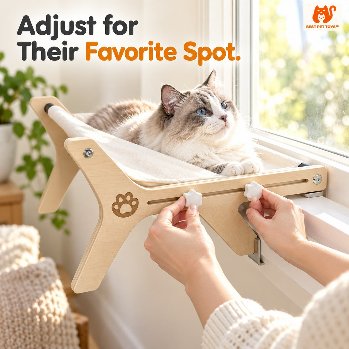 Adjustable white knobs on wooden cat window perch