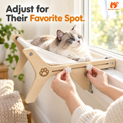 Adjustable white knobs on wooden cat window perch