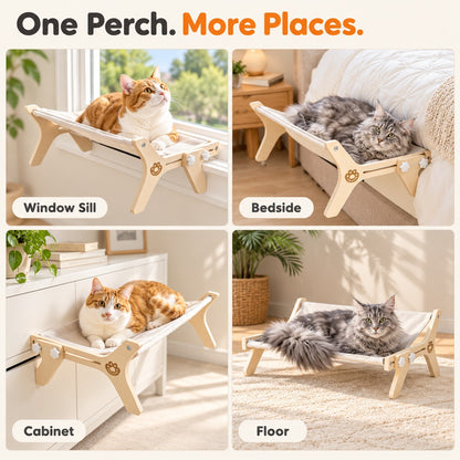 Window perch shown on sill, bedside, cabinet and floor