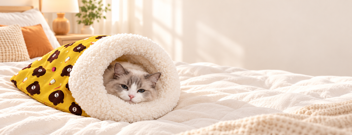 Cat curled inside the yellow bear-pattern Cozy Cat Sleeping Bag on cream bedding.
