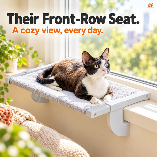 Gray cat resting on adjustable hook-on window perch