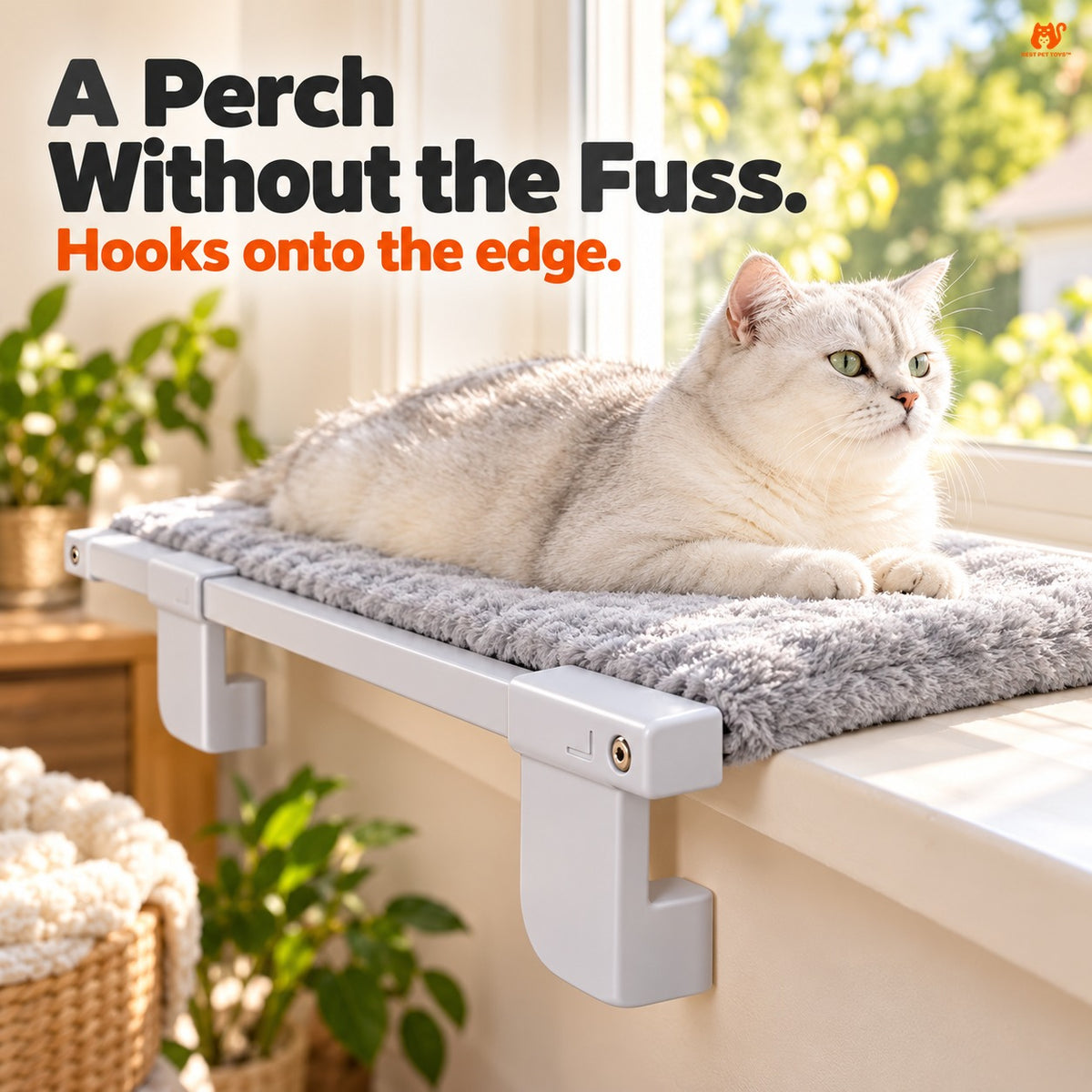 White hook brackets supporting gray cat window hammock