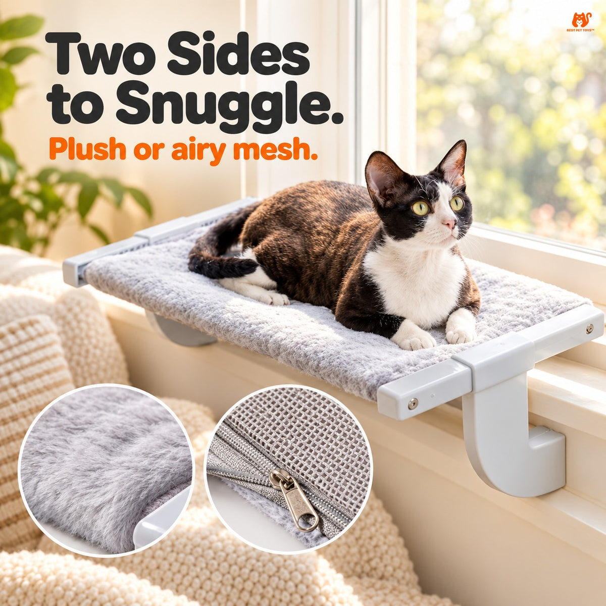 Reversible plush and mesh gray cover on hook-on window perch