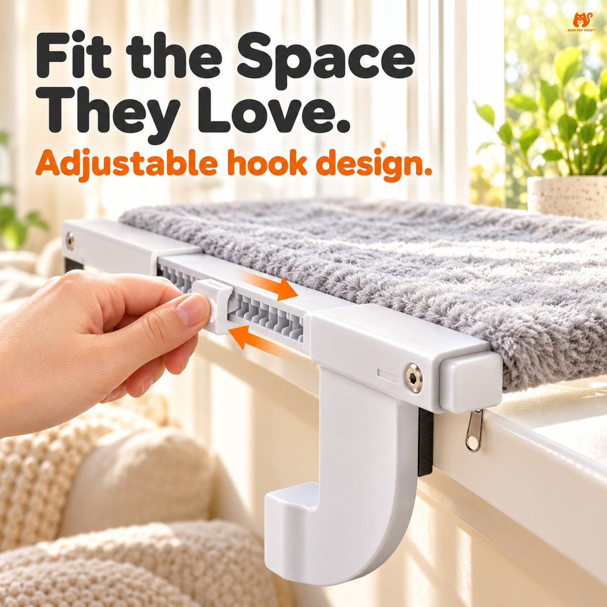Adjustable side rail and J-shaped hook detail of window perch