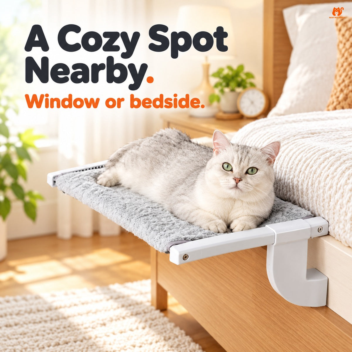 Gray hook-on cat perch used beside a bed