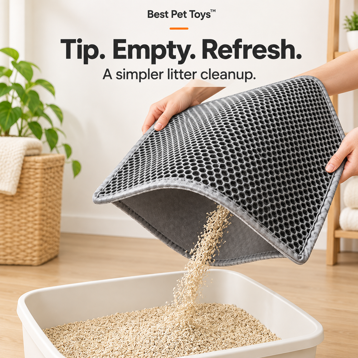 Tilting the double-layer litter mat to empty collected dry litter
