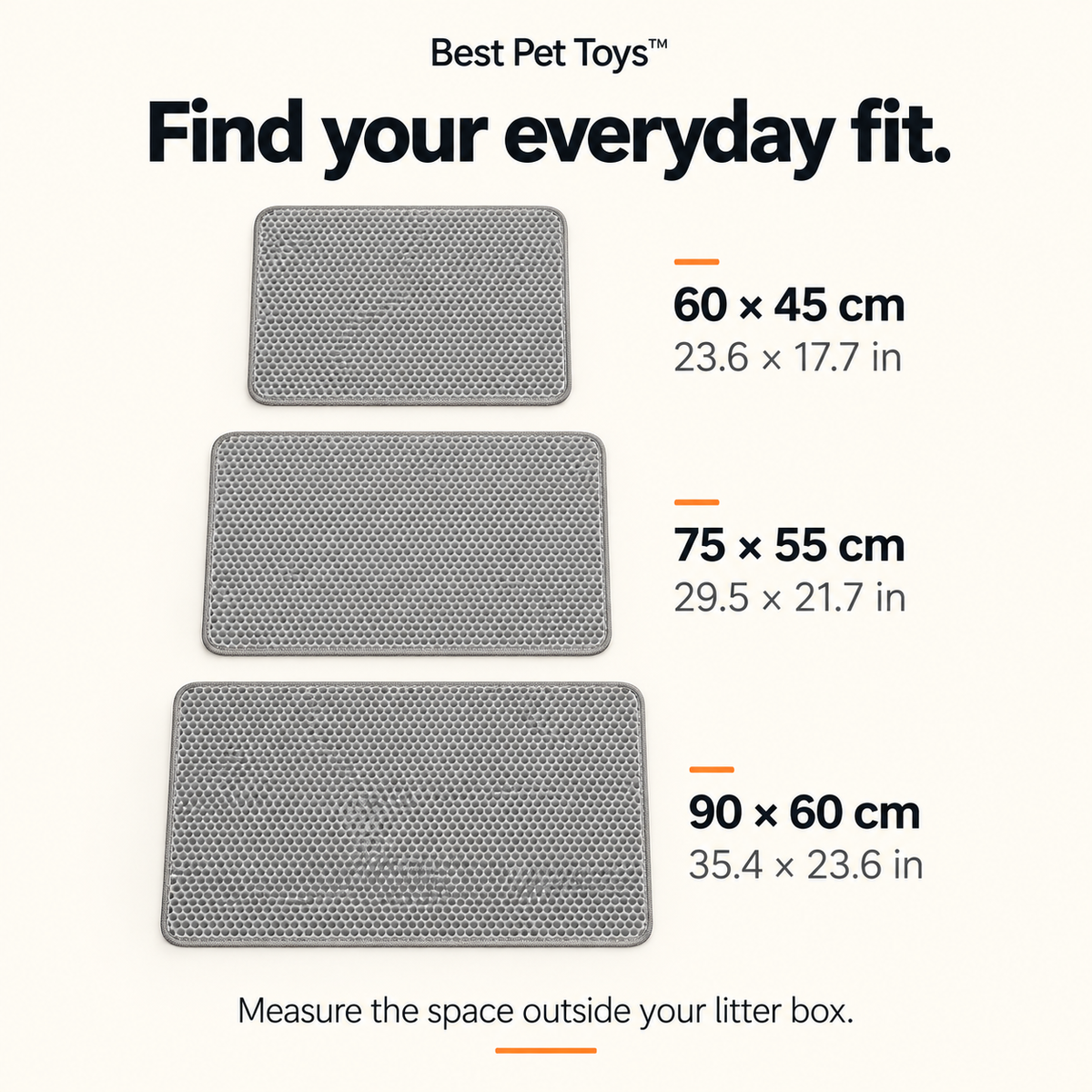 Cat litter mat size guide: 60 by 45, 75 by 55, and 90 by 60 centimeters