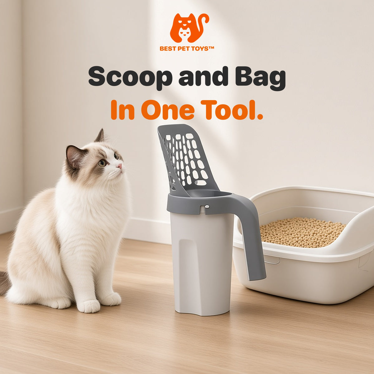 Best Pet Toys litter scoop set with slotted scoop and waste cup beside a litter box