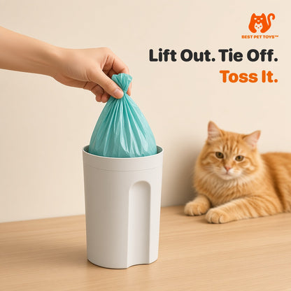 Lifting a tied waste bag out of the litter scoop waste cup