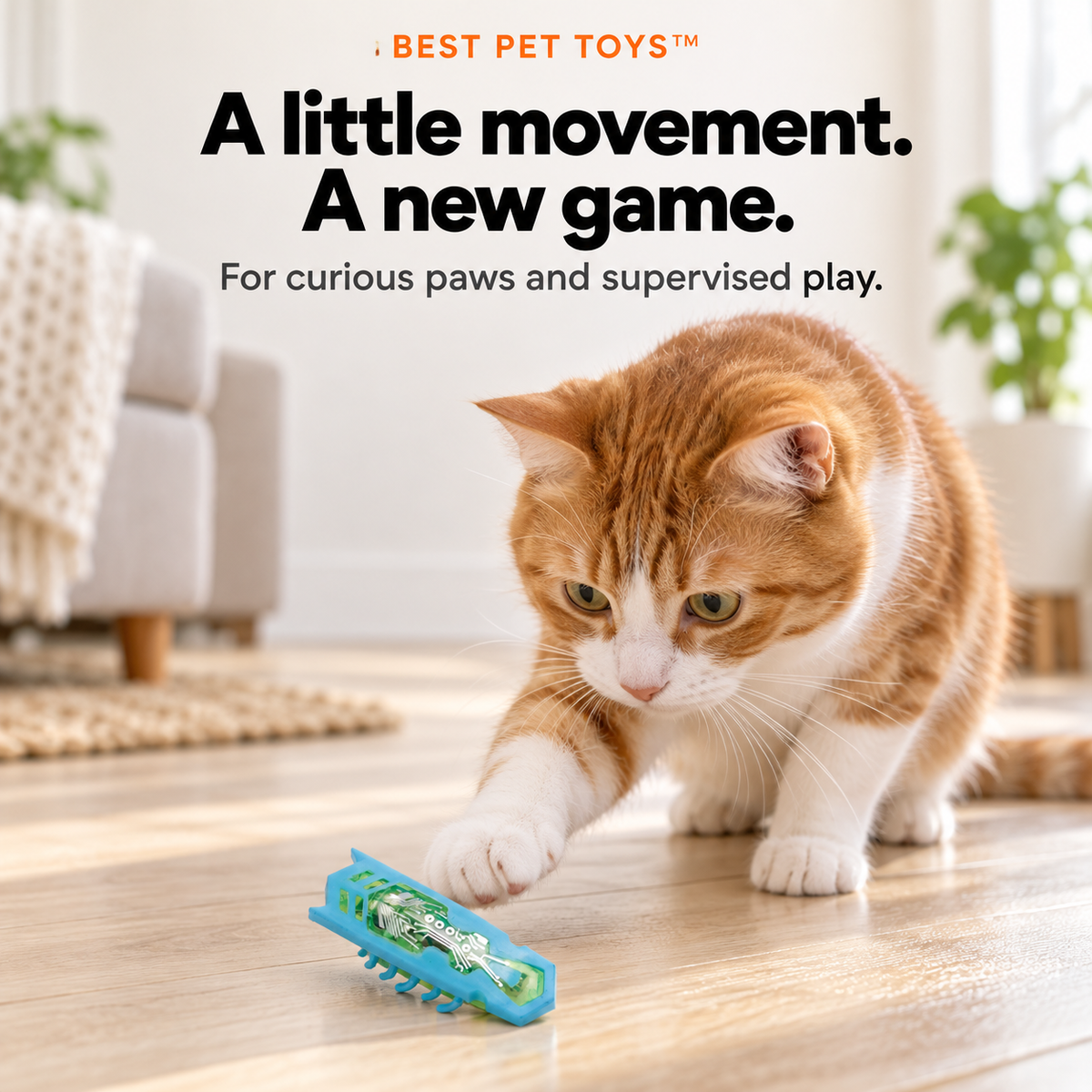 Cat reaching toward a mini electric bug toy on a hard floor