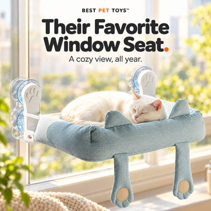 Dusty Blue paw window cat perch with sleeping cat