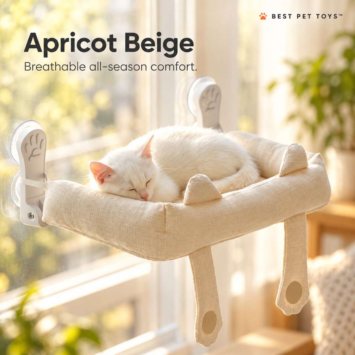 Apricot Beige paw window cat perch with sleeping cat