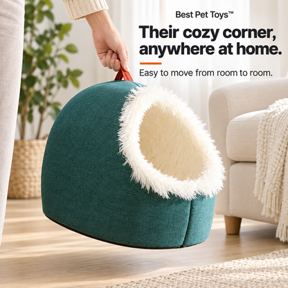 Moving an empty green pet cave bed using its fabric handle
