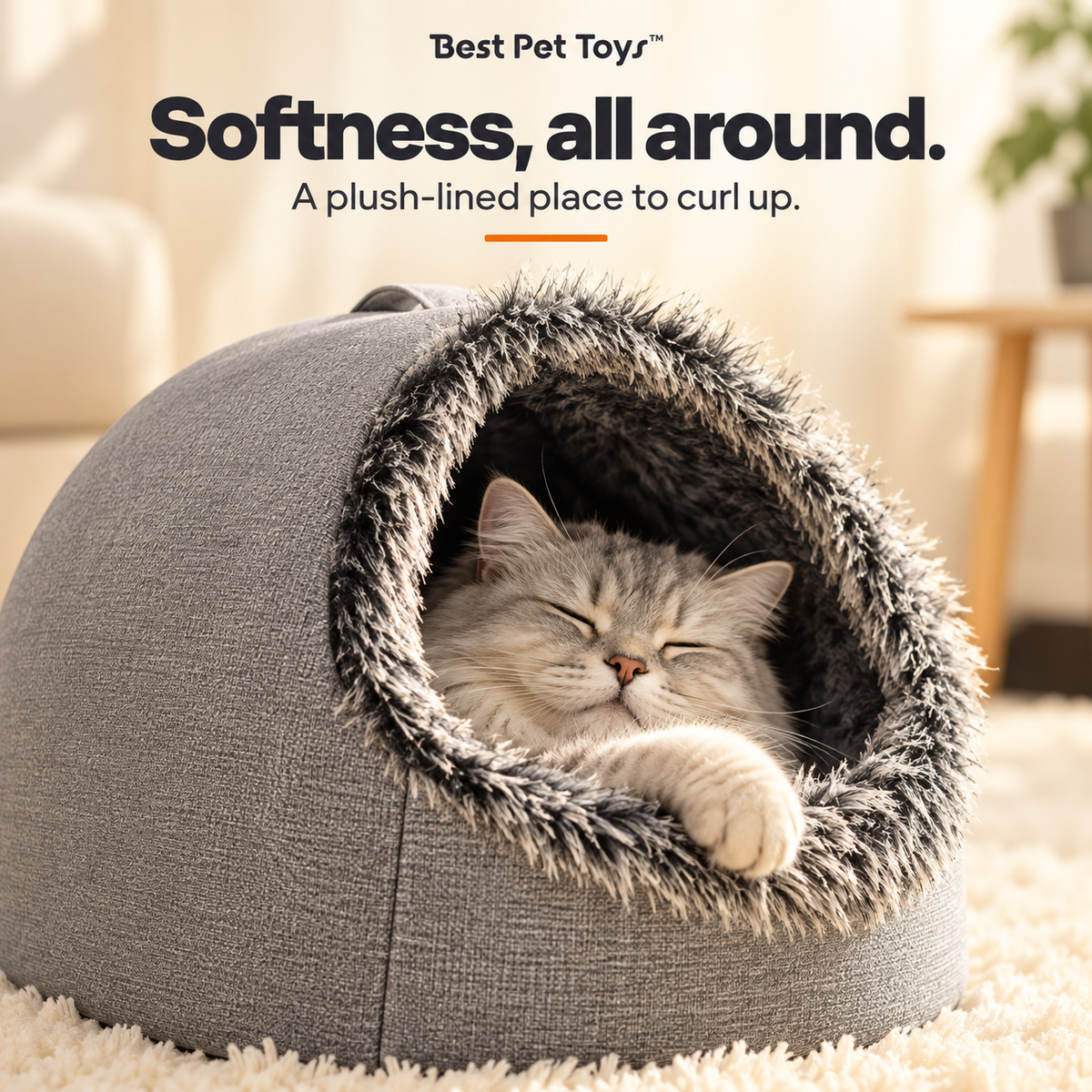 Close-up of the gray pet cave bed with dark plush lining and a resting cat