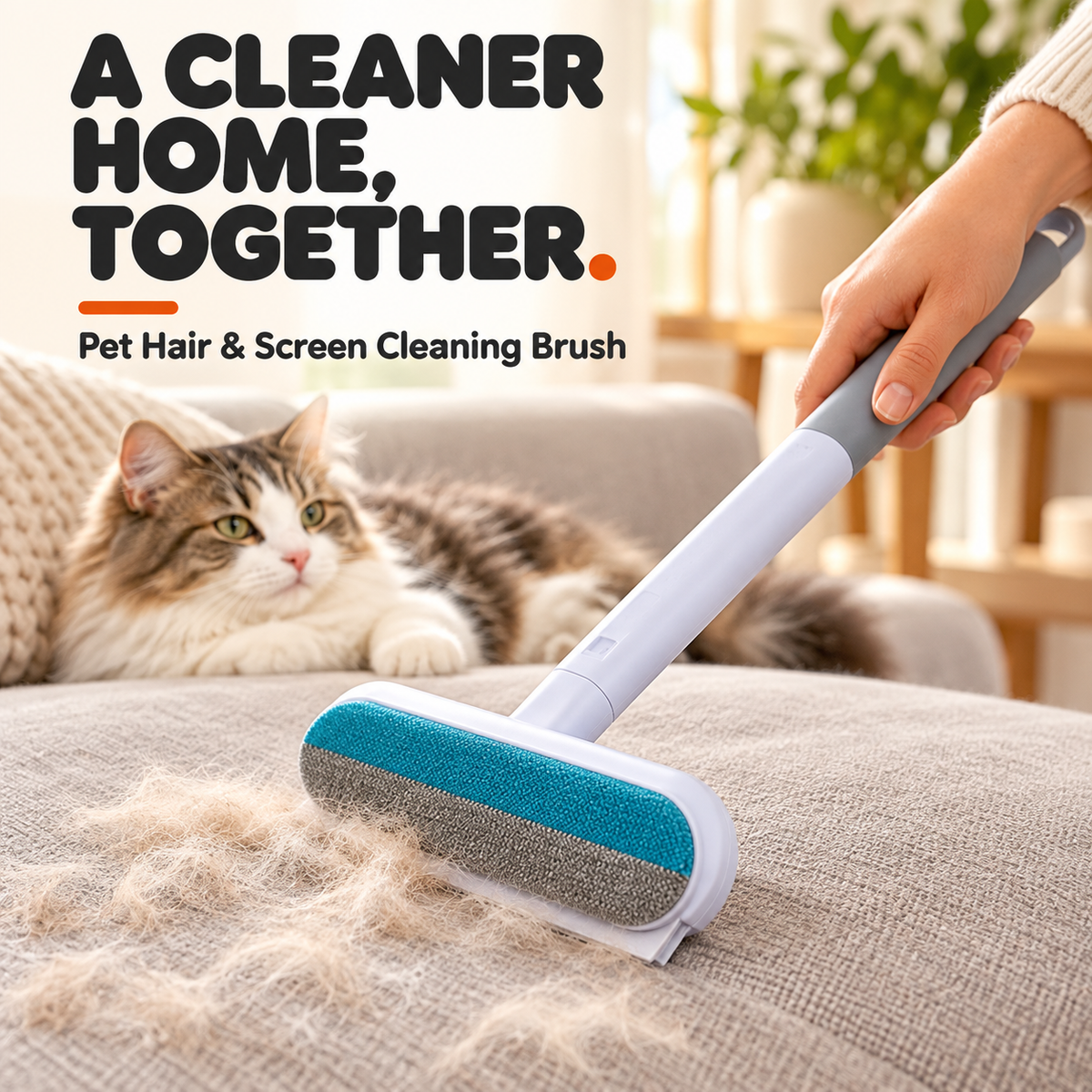 Pet hair and screen cleaning brush used on a sofa near a cat