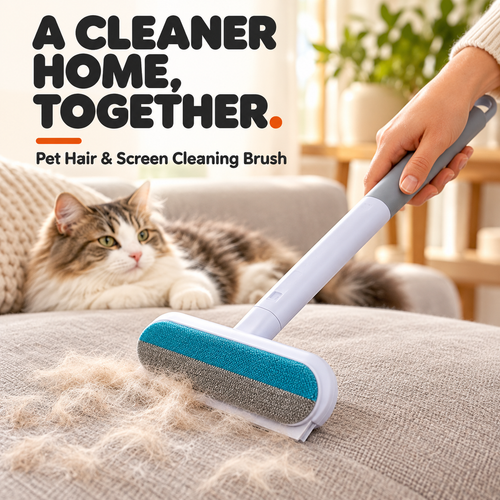 Pet hair and screen cleaning brush used on a sofa near a cat
