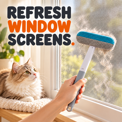 Pet hair and screen brush cleaning an installed window screen