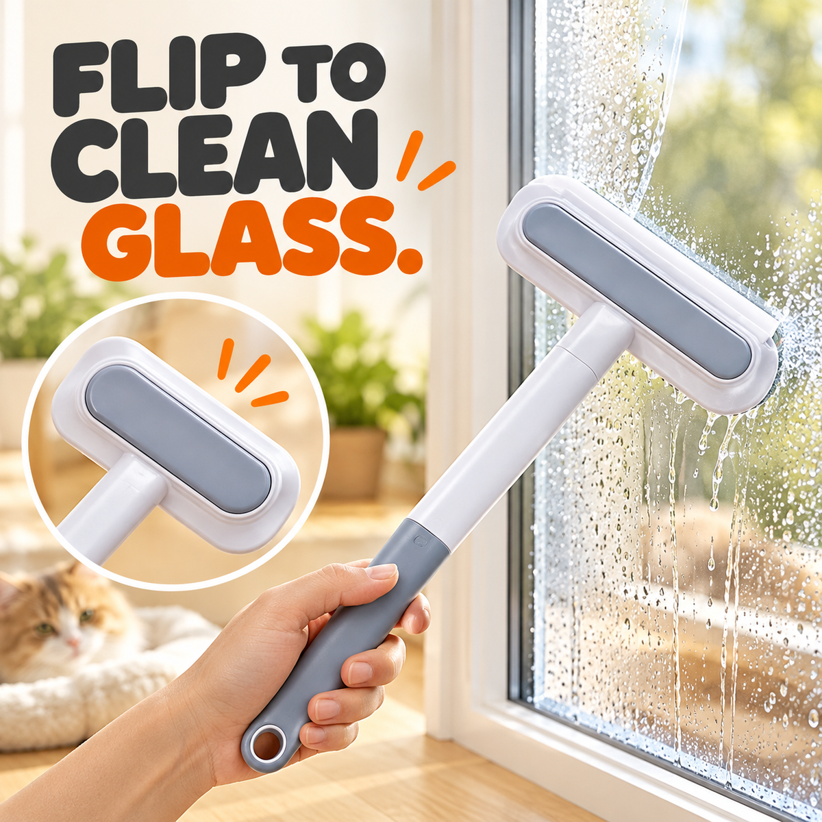 Reverse squeegee side cleaning a damp glass window