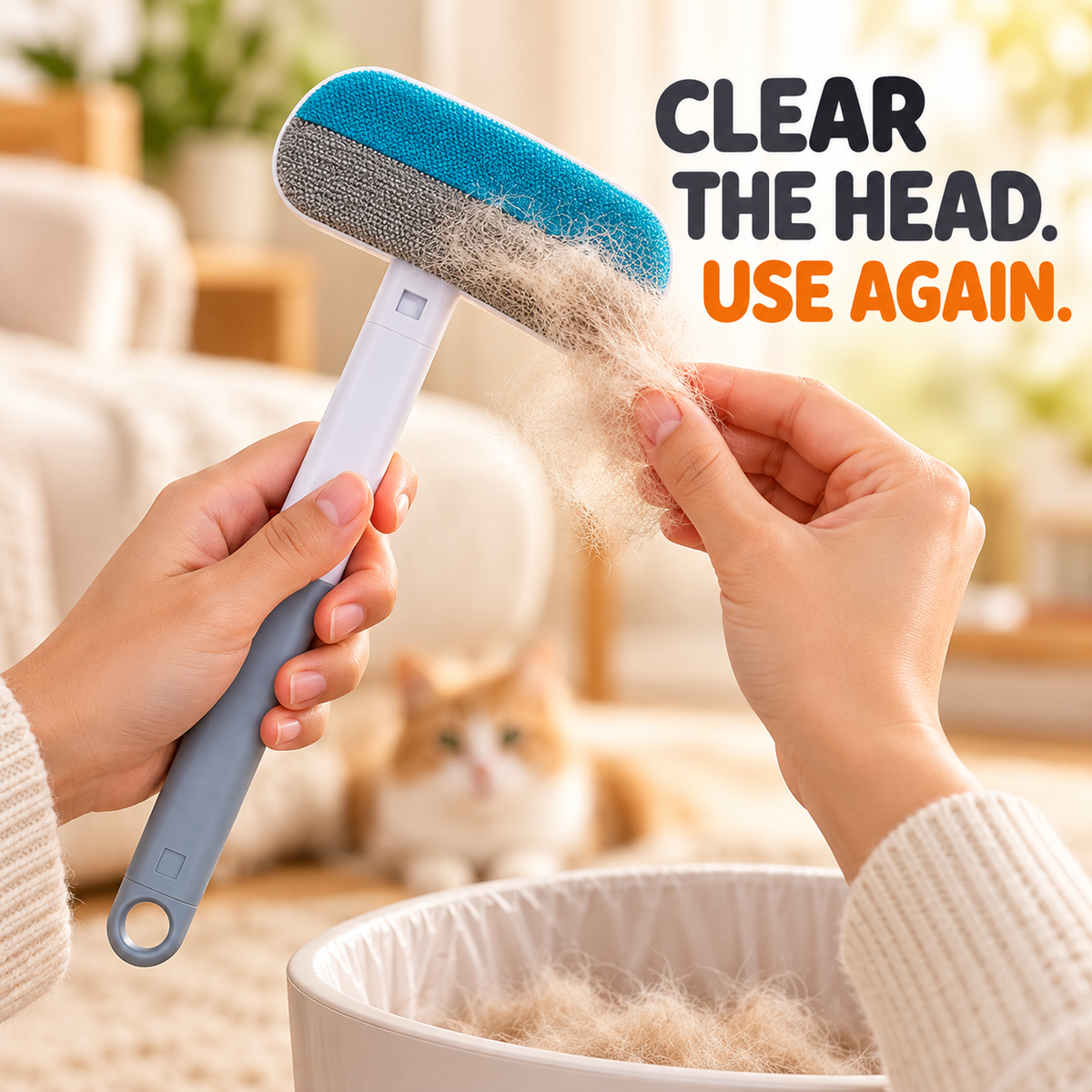 Removing collected pet hair from one brush head