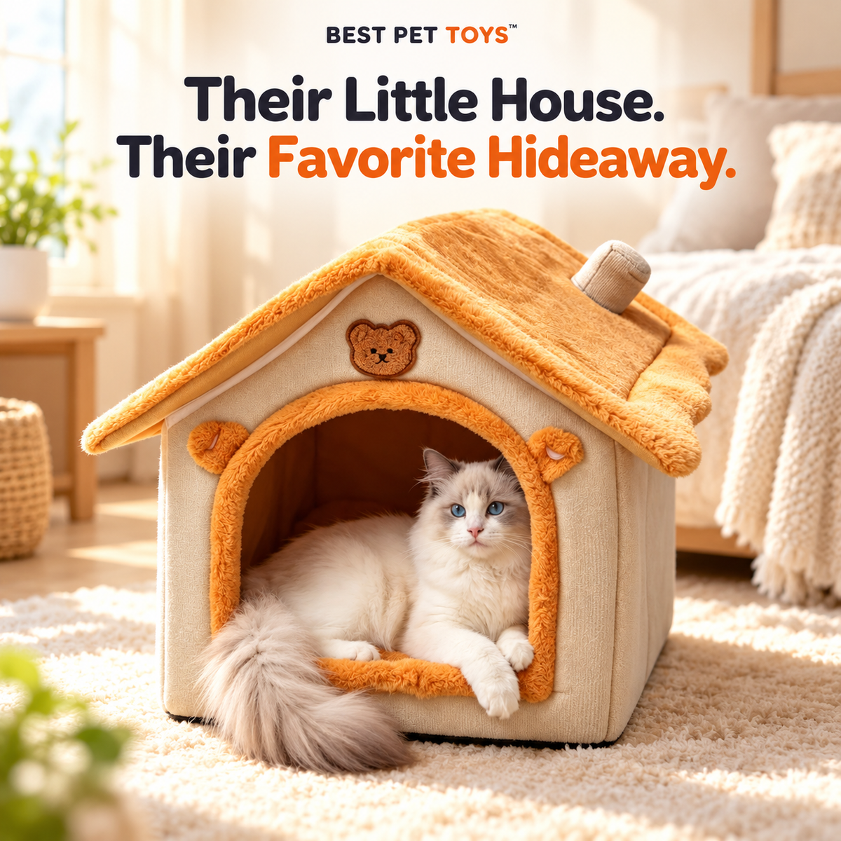 Brown Bear plush cat house with a cat resting inside