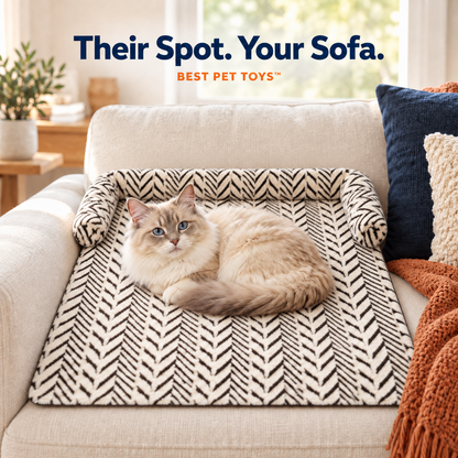 Cat resting on Best Pet Toys plush sofa cat mat in a neutral living room