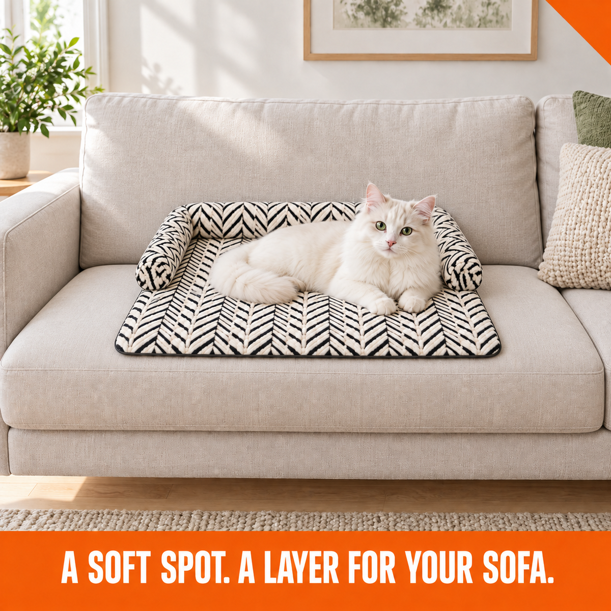 Cat resting on one-seat-sized herringbone mat over a sofa cushion