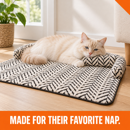 Cat resting its head on cushioned edge of herringbone mat