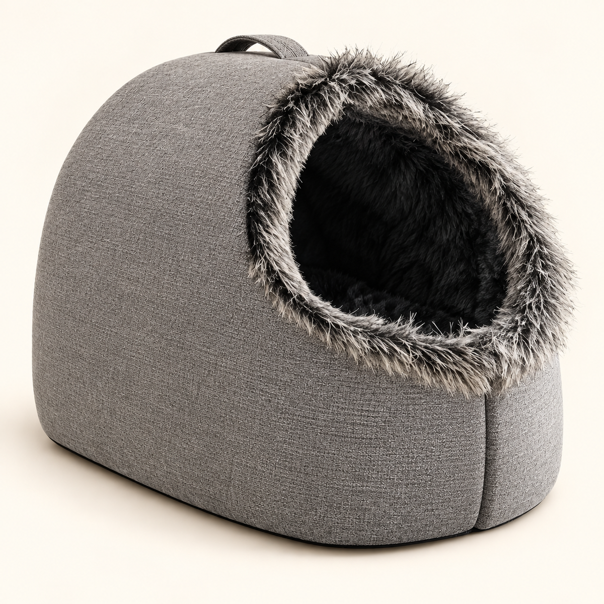 Gray Portable Pet Cave Bed with dark plush lining and gray fabric handle