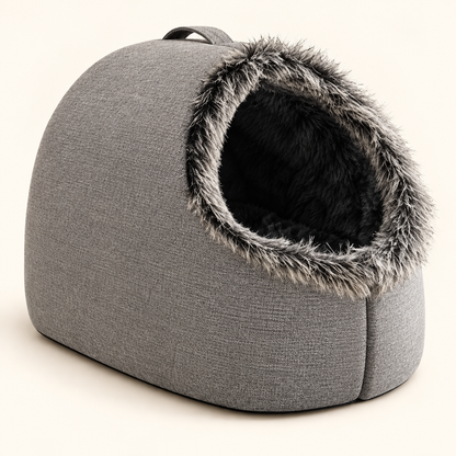 Gray Portable Pet Cave Bed with dark plush lining and gray fabric handle