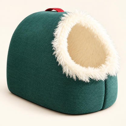 Green Portable Pet Cave Bed with cream plush lining and red fabric handle