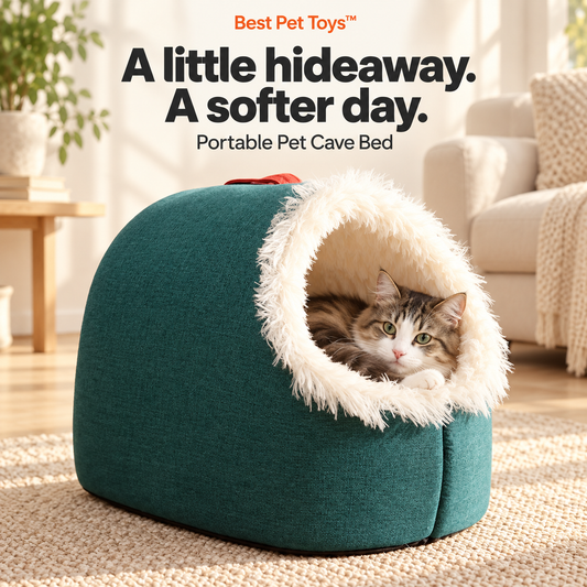 Cat resting in a green Best Pet Toys Portable Pet Cave Bed with cream plush lining